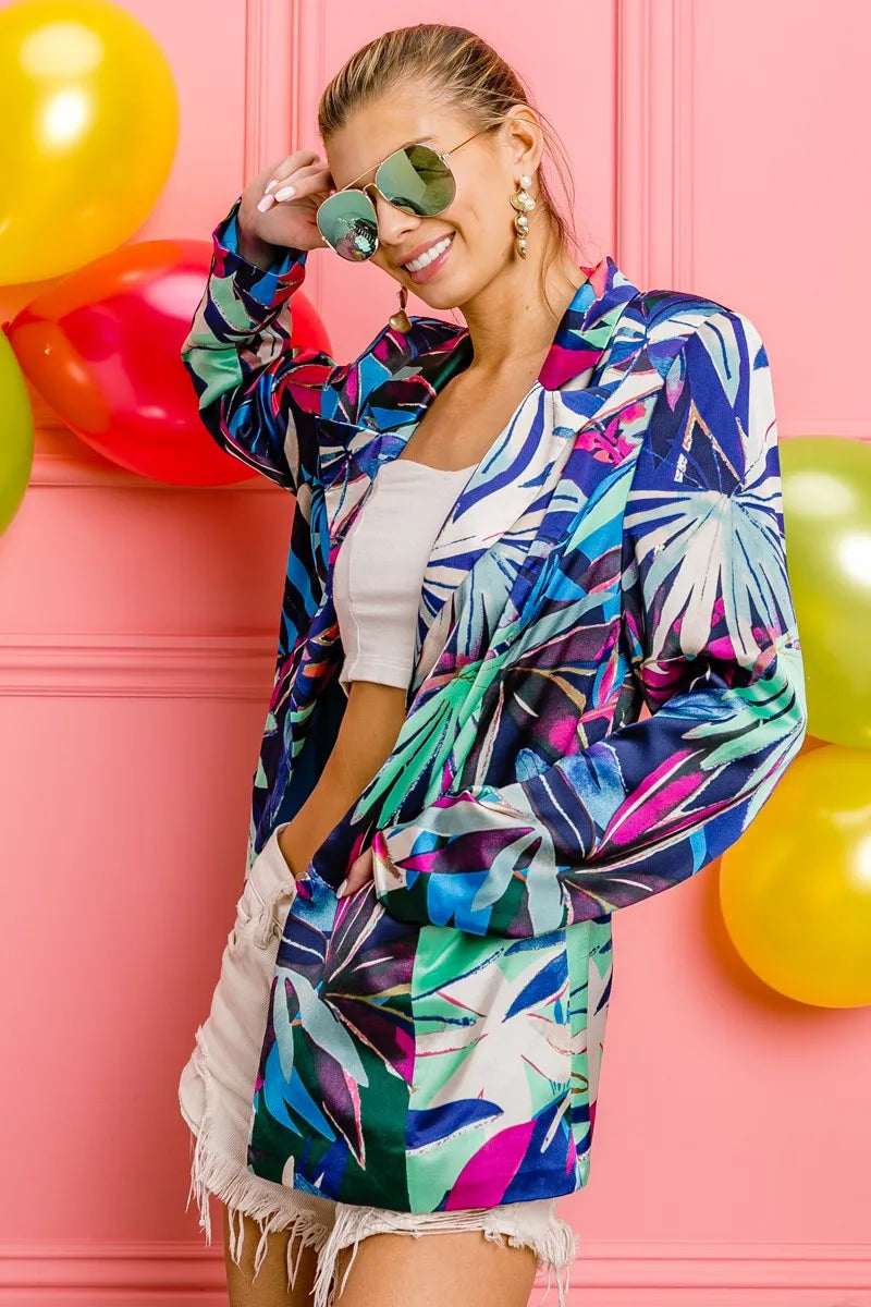 BiBi Thin Satin Tropical Single Blazer OutfitFlow