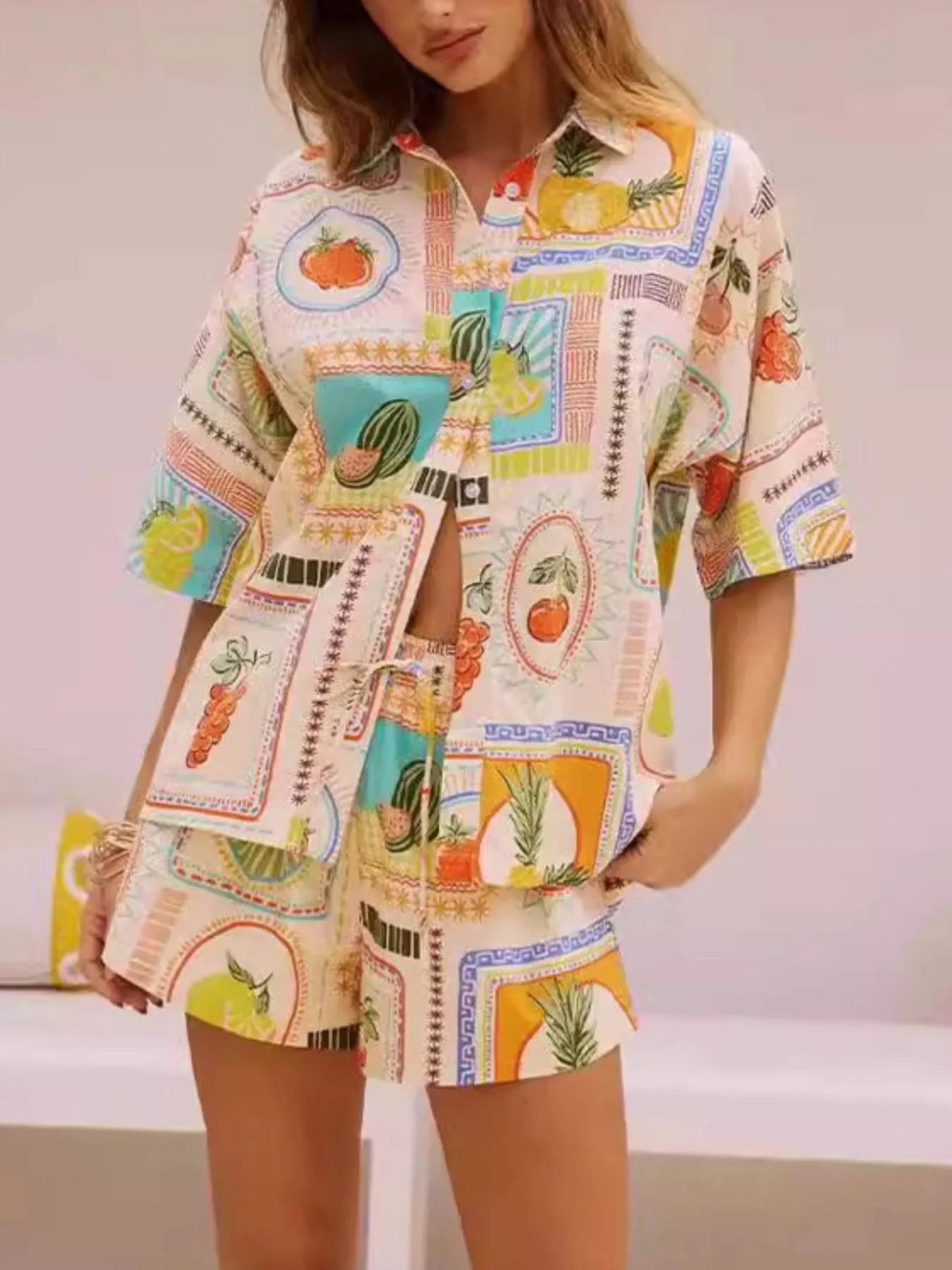 Printed Button Up Shirt and Shorts Set OutfitFlow