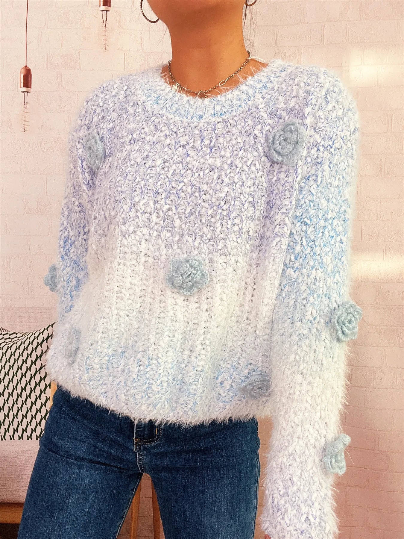 Flower Embellished Round Neck Sweater OutfitFlow