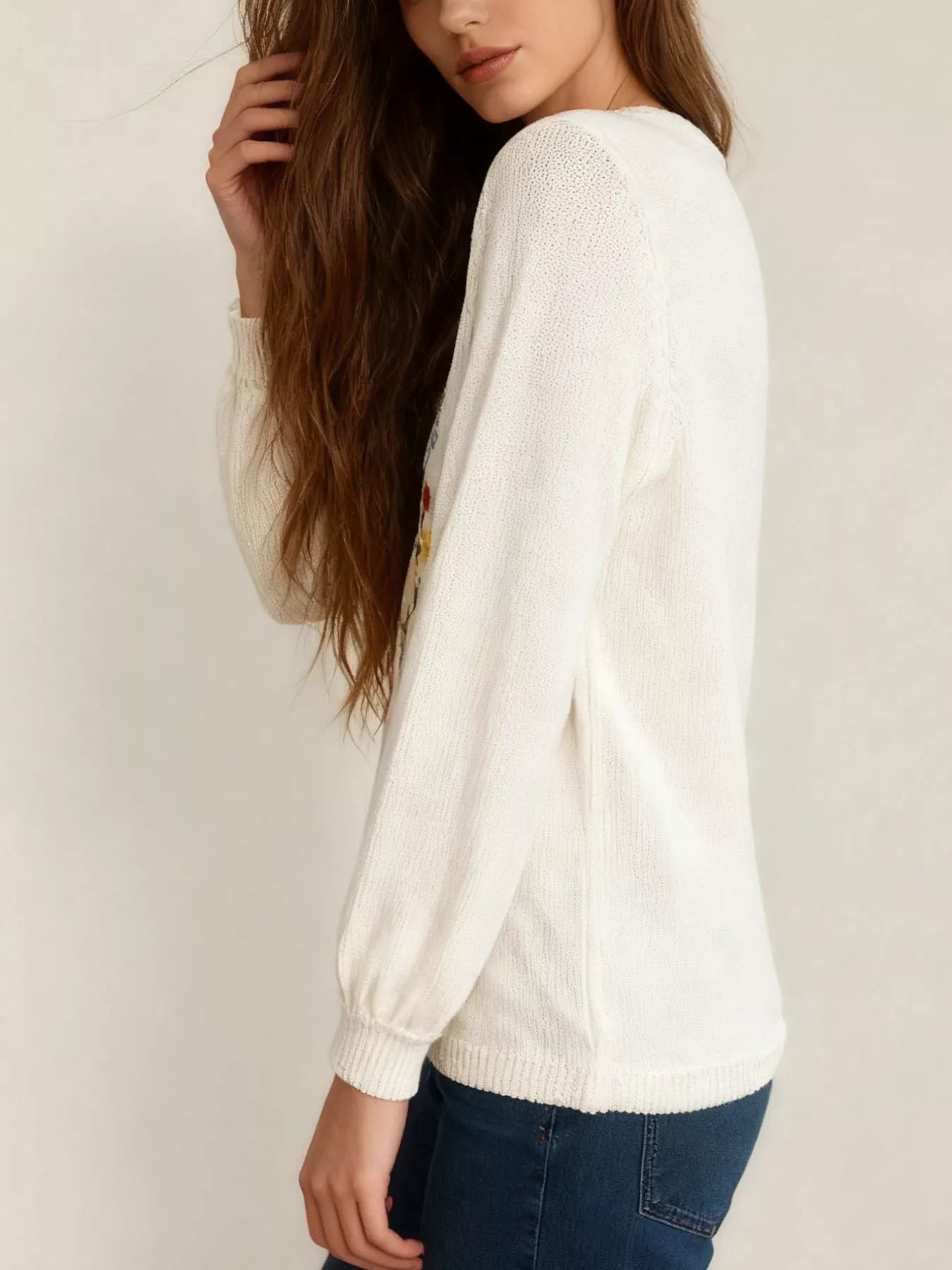 Floral Embroidered V-Neck Sweater OutfitFlow