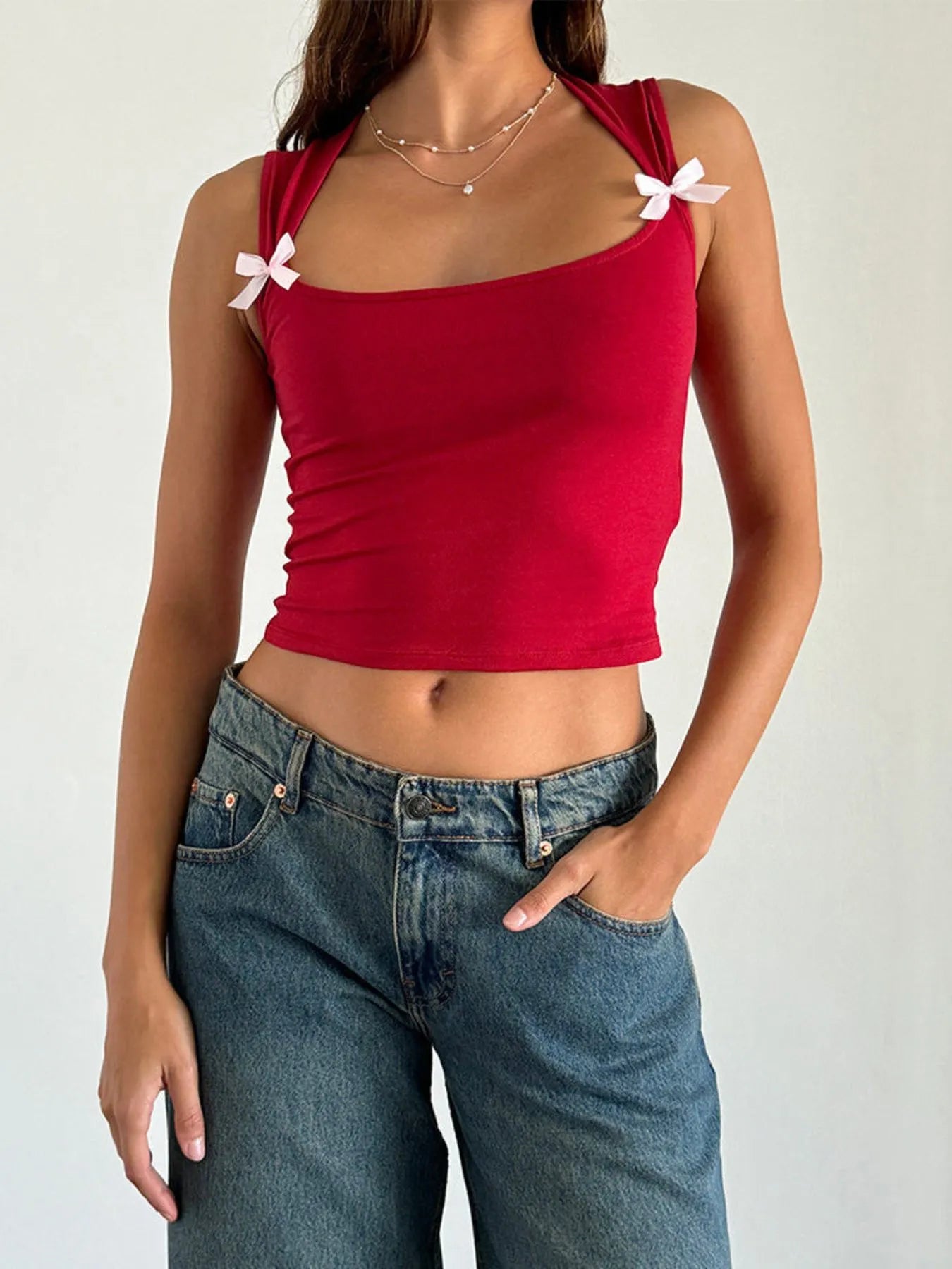 Bow Detail Square Neck Cropped Tank Scarlet OutfitFlow