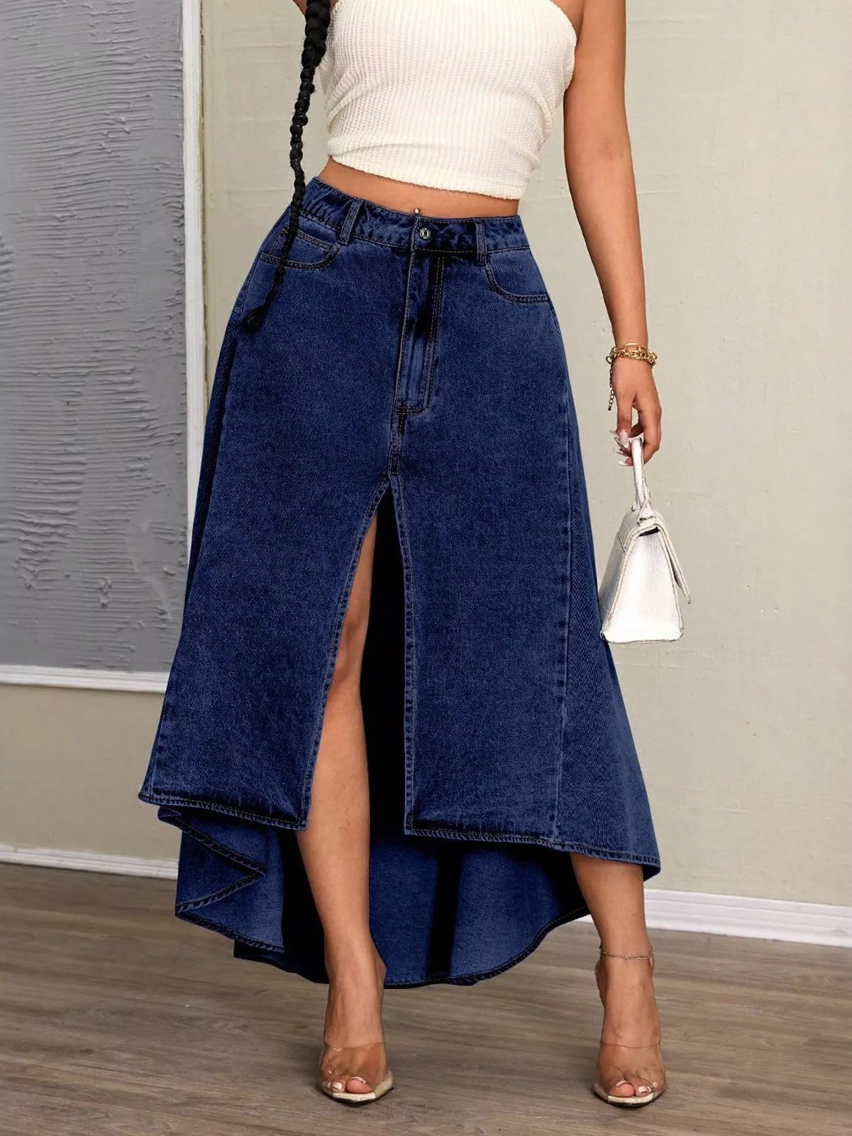 High-Low Slit Denim Skirt Dark Blue OutfitFlow