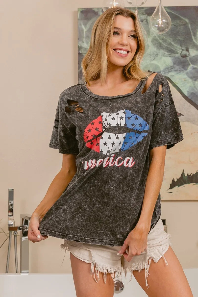 BiBi Laser Cut Mineral Washed Old Glory Lip Print Top OutfitFlow