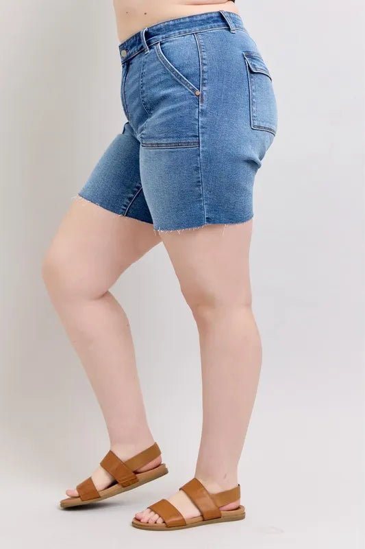Judy Blue Full Size Mid Rise Bermudas Denim Shorts W/ Back Flap Pockets Plus Size OutfitFlow
