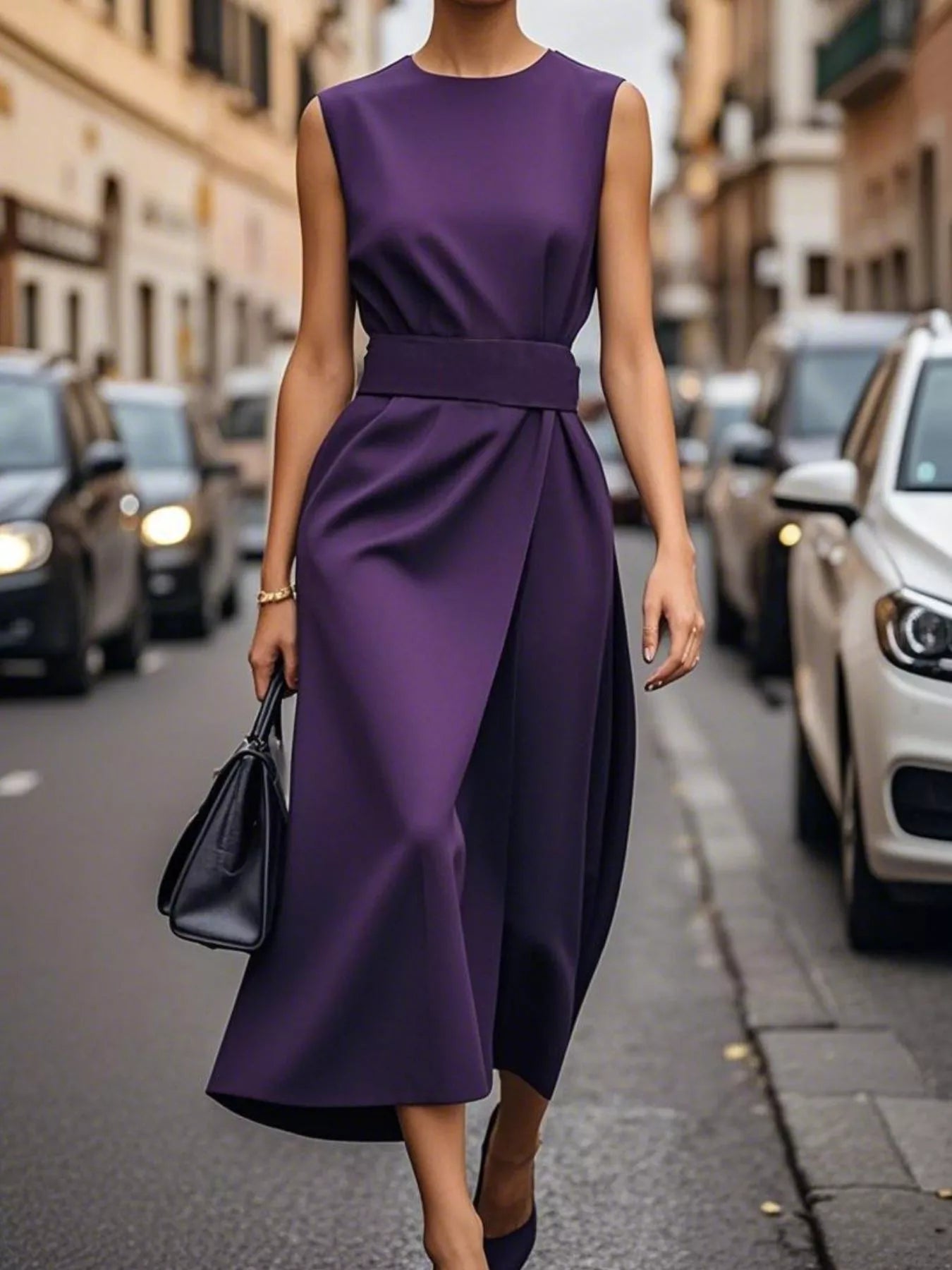 Round Neck Sleeveless Midi Dress Purple OutfitFlow