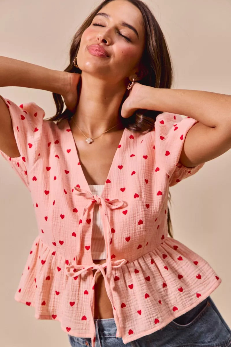 SO ME All Over Heart Ribbon Tie Baby Doll Valentine Blouse OutfitFlow