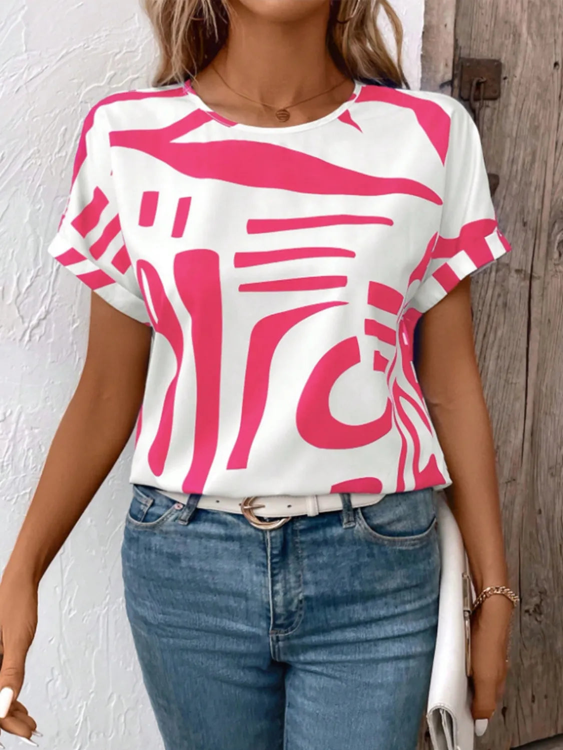 Contrast Round Neck Short Sleeve Blouse OutfitFlow