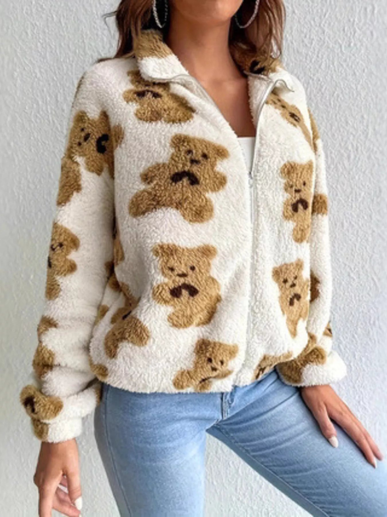 Teddy Bear Fuzzy Zip-Up Jacket White OutfitFlow