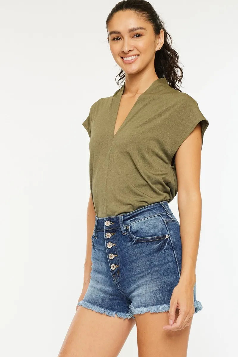 Kancan High Rise Frayed Hem Denim Shorts OutfitFlow