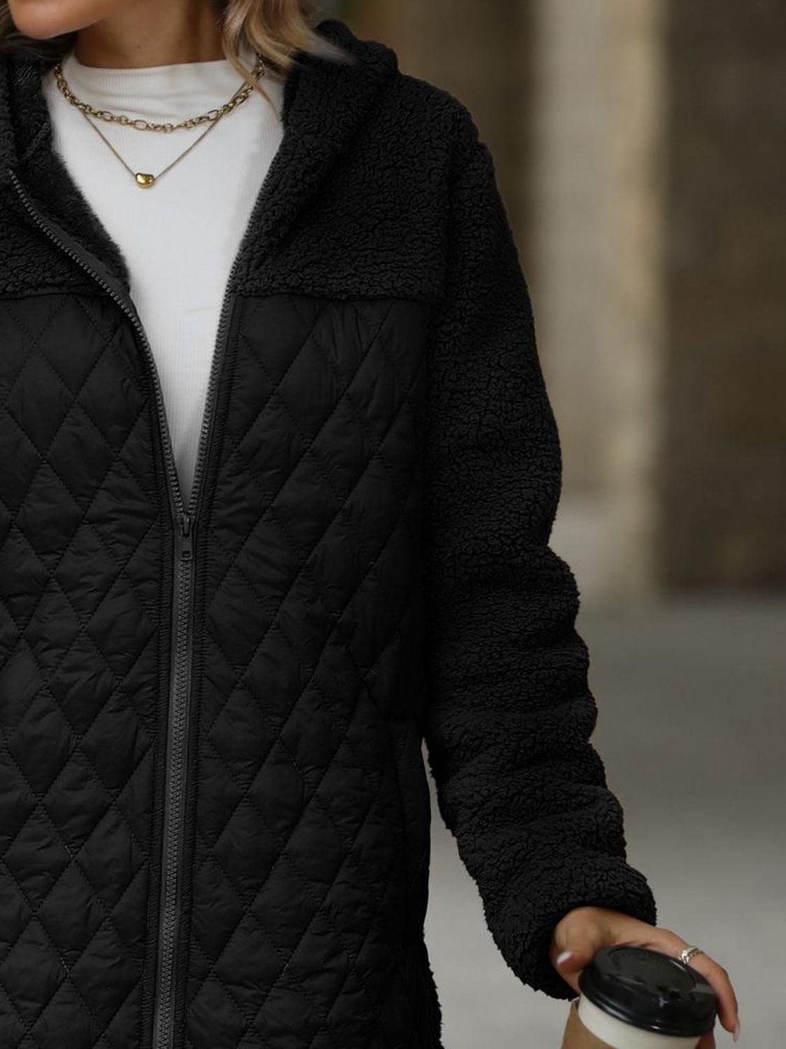 Outfit Flow - Texture Zip Up Long Sleeve Hooded Coat