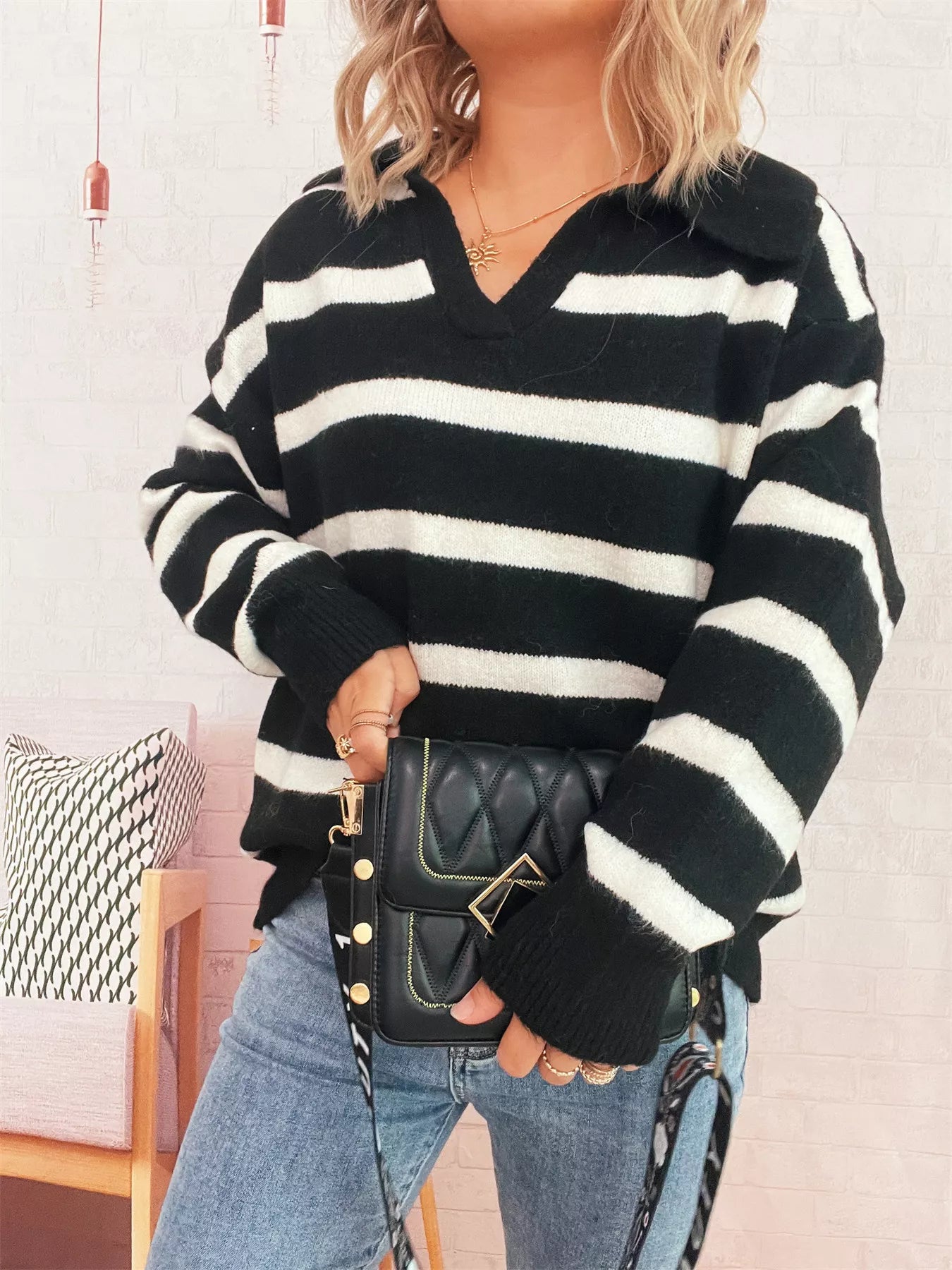 Striped Dropped Shoulder Sweater OutfitFlow