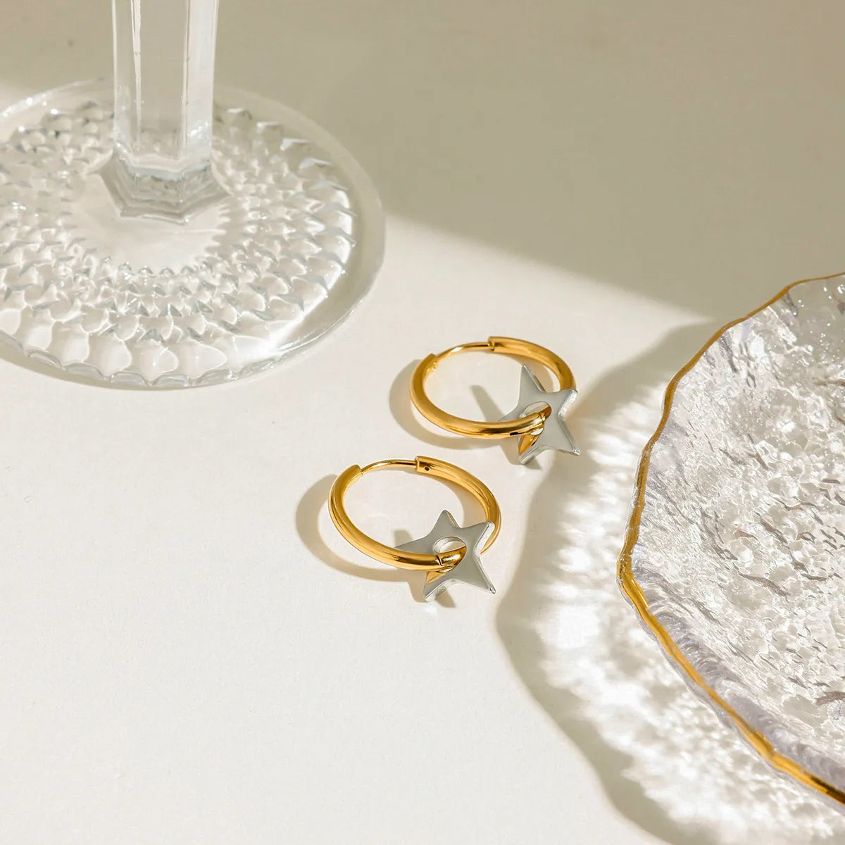 Two-Tone Stainless Steel Star Hoop Earrings OutfitFlow