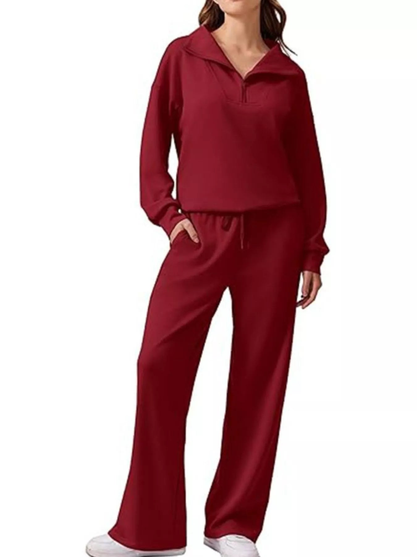 Zip Collar Dropped Shoulder Top and Pants Set Burgundy OutfitFlow