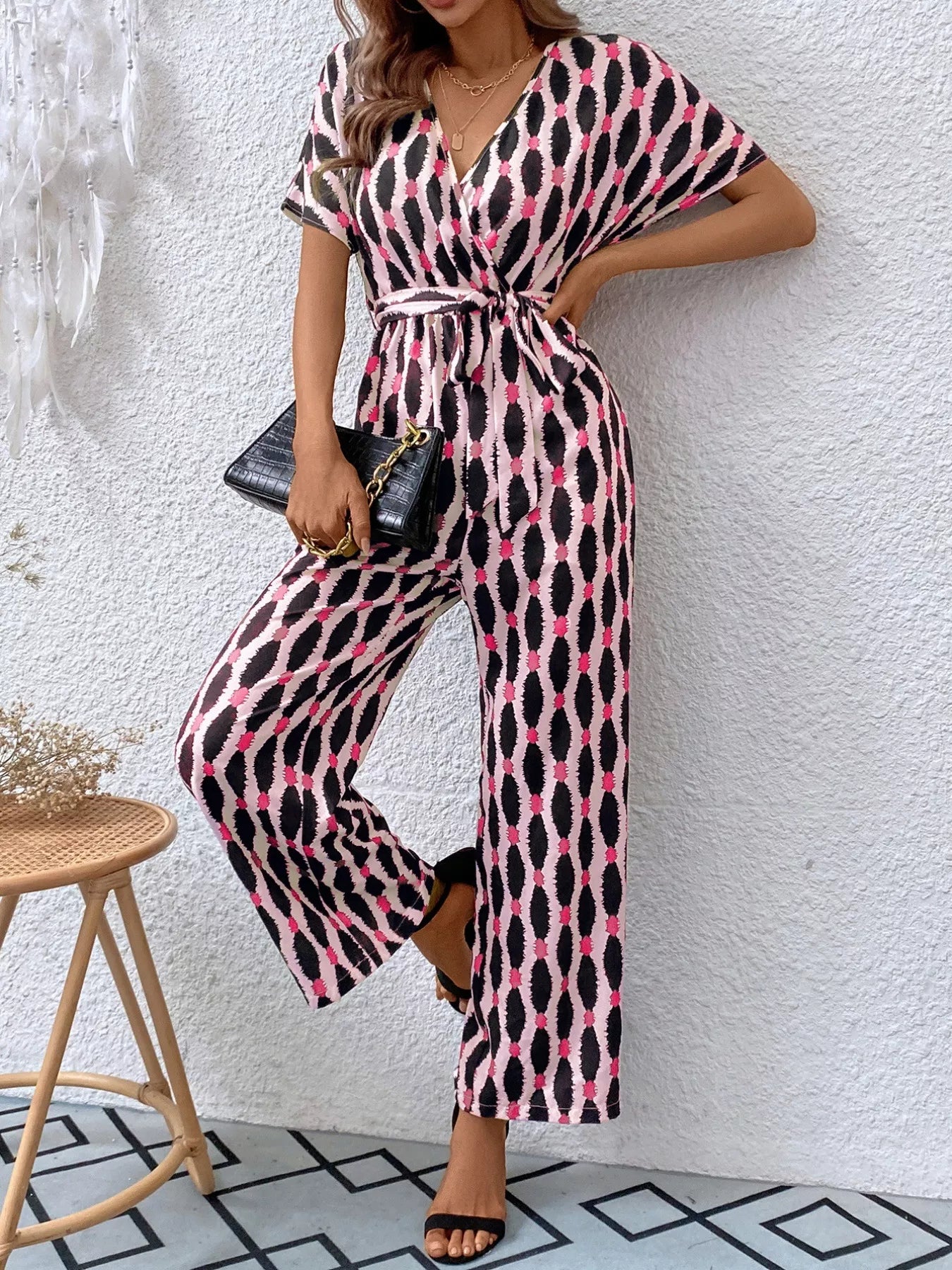 Printed Surplice Tie Waist Short Sleeve Jumpsuit OutfitFlow