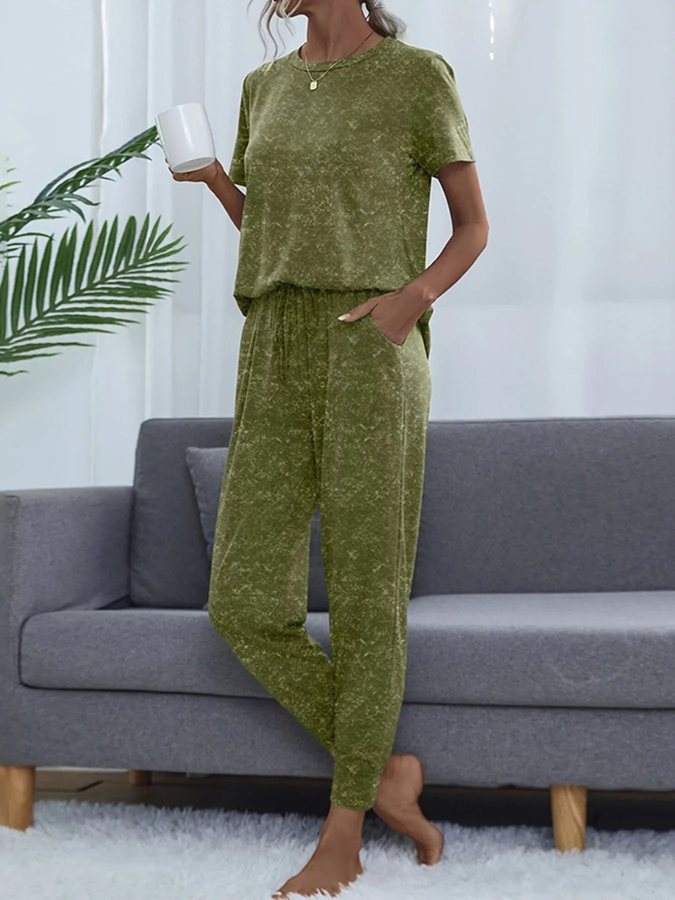 Round Neck Short Sleeve Top and Pants Lounge Set OutfitFlow