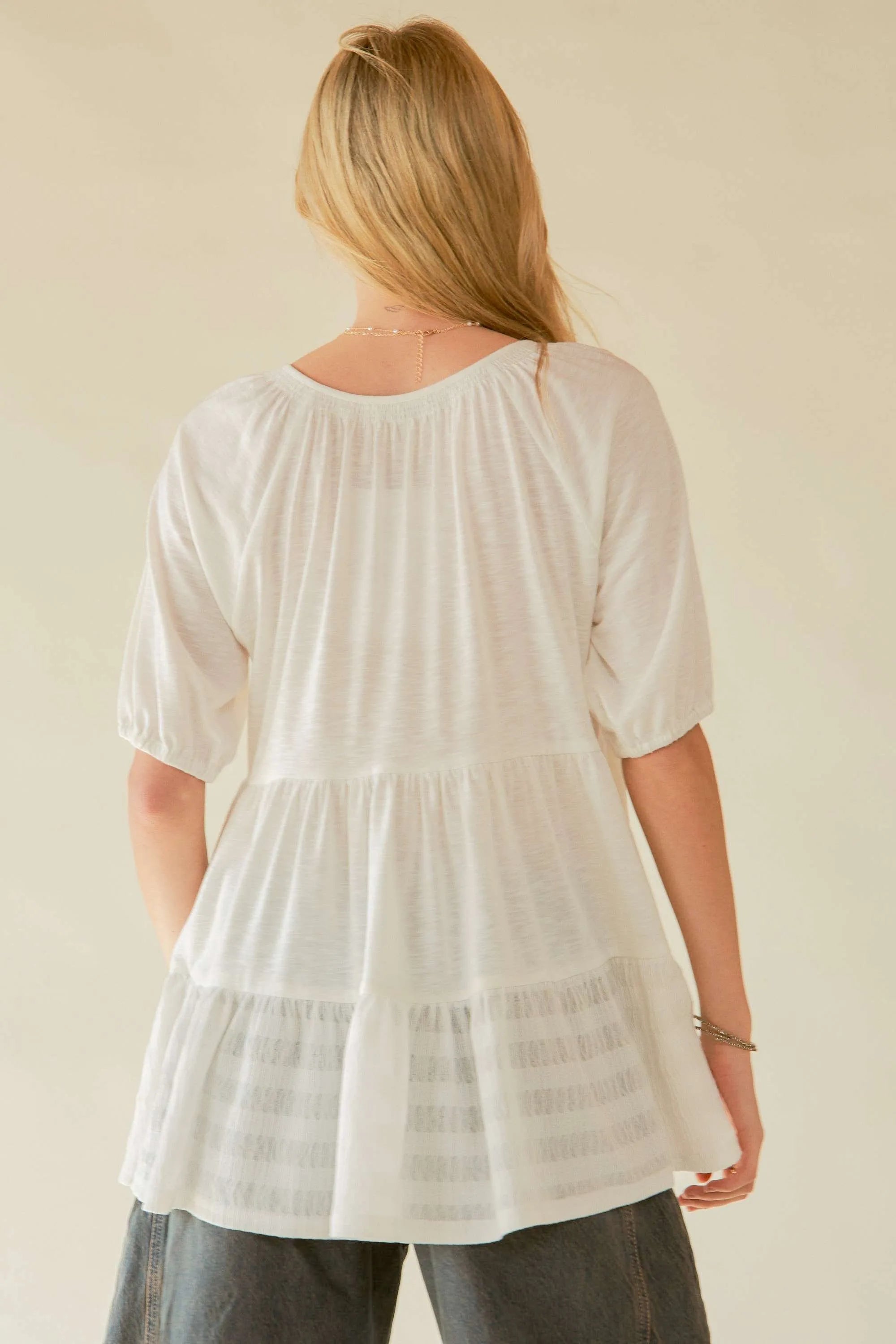 Davi & Dani Ruffled Flared Short Sleeve V Neck Blouse OutfitFlow