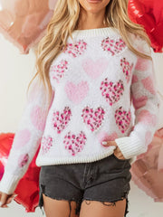 Heart Leopard Pearled Ribbed Trim Fuzzy Sweater OutfitFlow