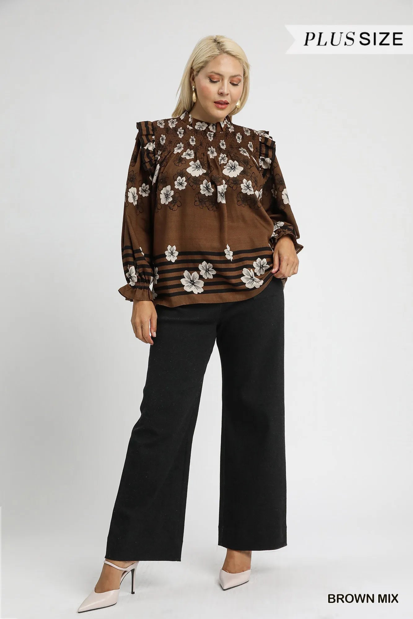 Umgee Full Size Mix Floral Smocked Ruffle Blouse Plus Size Trendsi