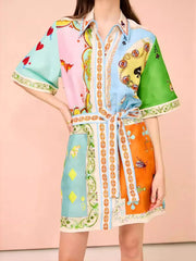 Printed Tie Waist Mini Shirt Dress Color OutfitFlow