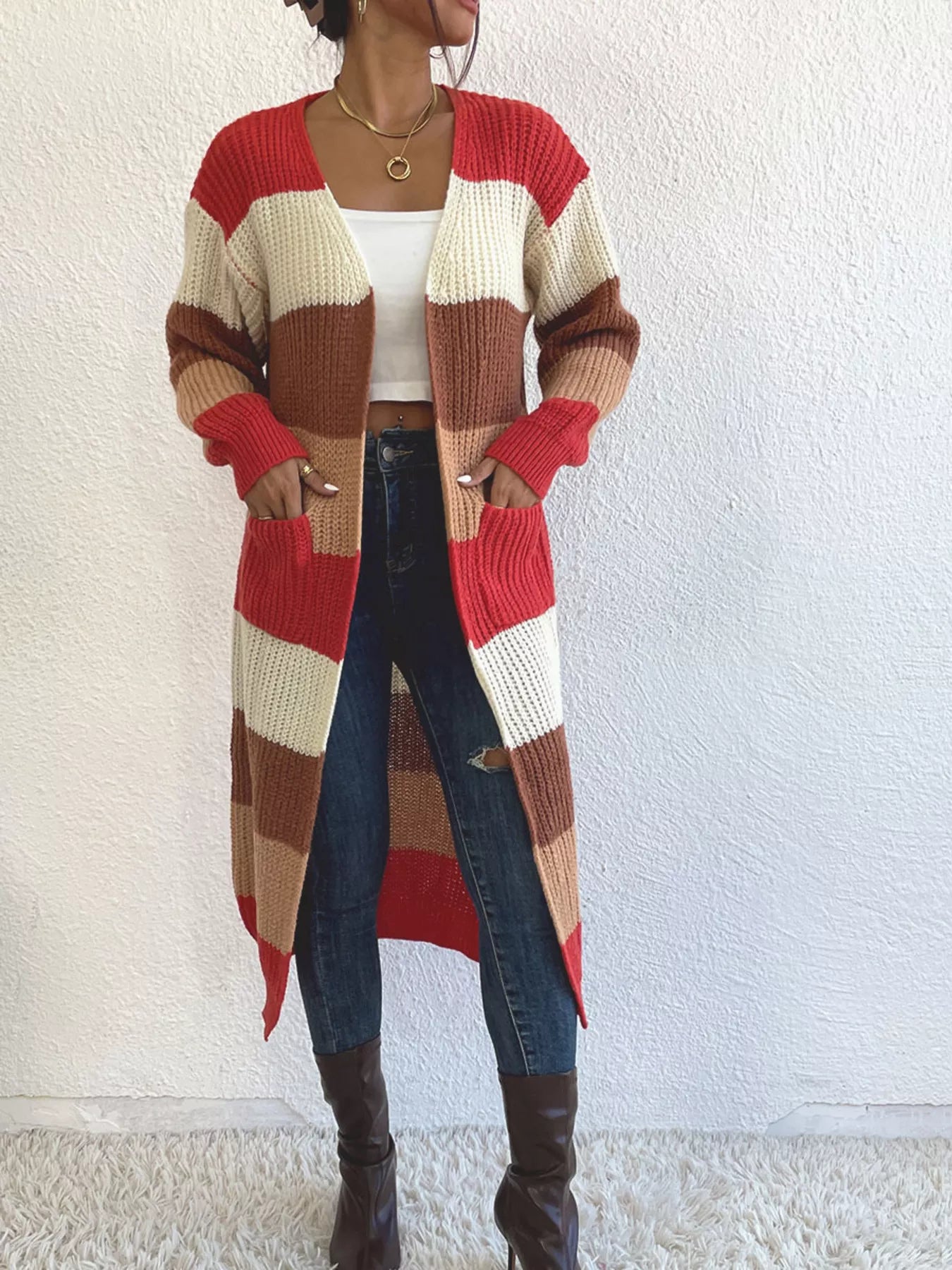 Striped Color Block Open Front Knit Cardigan Trendsi