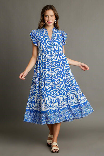 Umgee Full Size Two Tone Border Print Ruffle Cap Sleeve Midi Dress Plus Size OutfitFlow