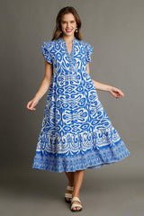 Umgee Full Size Two Tone Border Print Ruffle Cap Sleeve Midi Dress Plus Size OutfitFlow