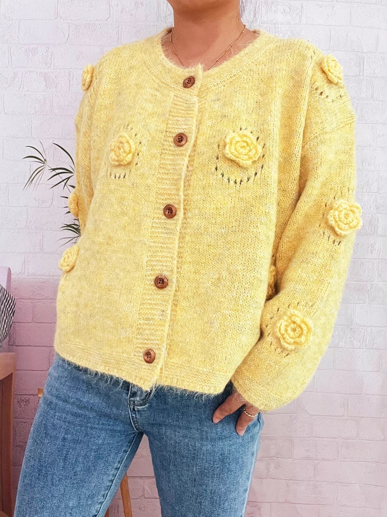 Flower Button-Up Cardigan Yellow One Size OutfitFlow