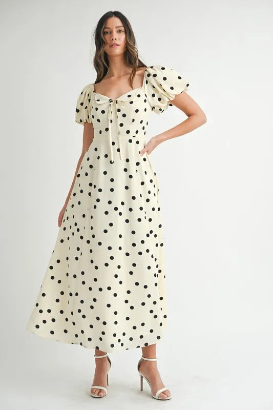 MABLE Polka Dot Puff Sleeve Midi Dress OutfitFlow
