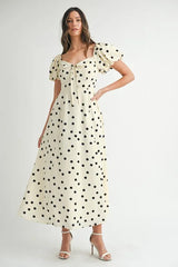 MABLE Polka Dot Puff Sleeve Midi Dress OutfitFlow