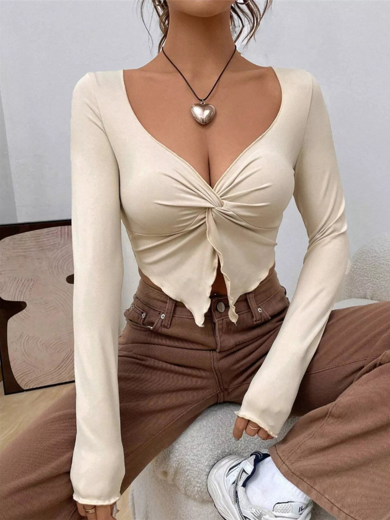 Twisted Front Long Sleeve T-Shirt Beige OutfitFlow