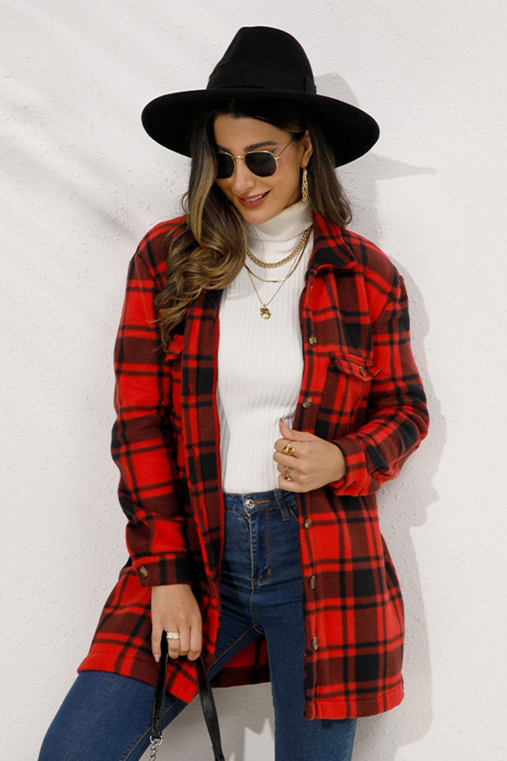 Shiny Plaid Collared Longline Coat Trendsi