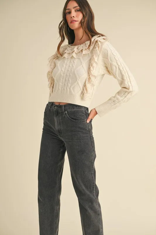 MABLE Ruffled Lace Crochet Sweater Trendsi