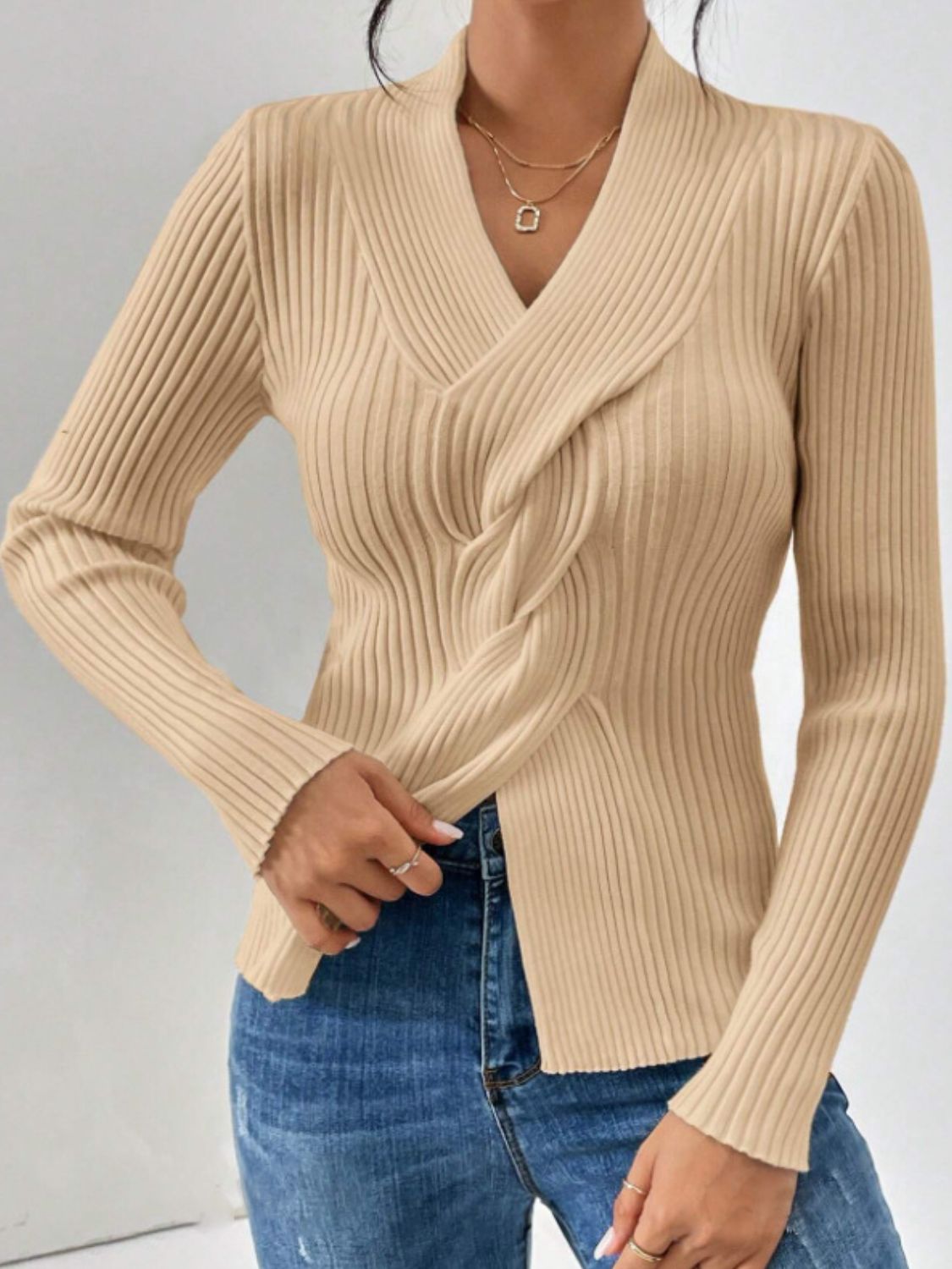 Outfit Flow - Twist Front Ribbed Long Sleeve Sweater