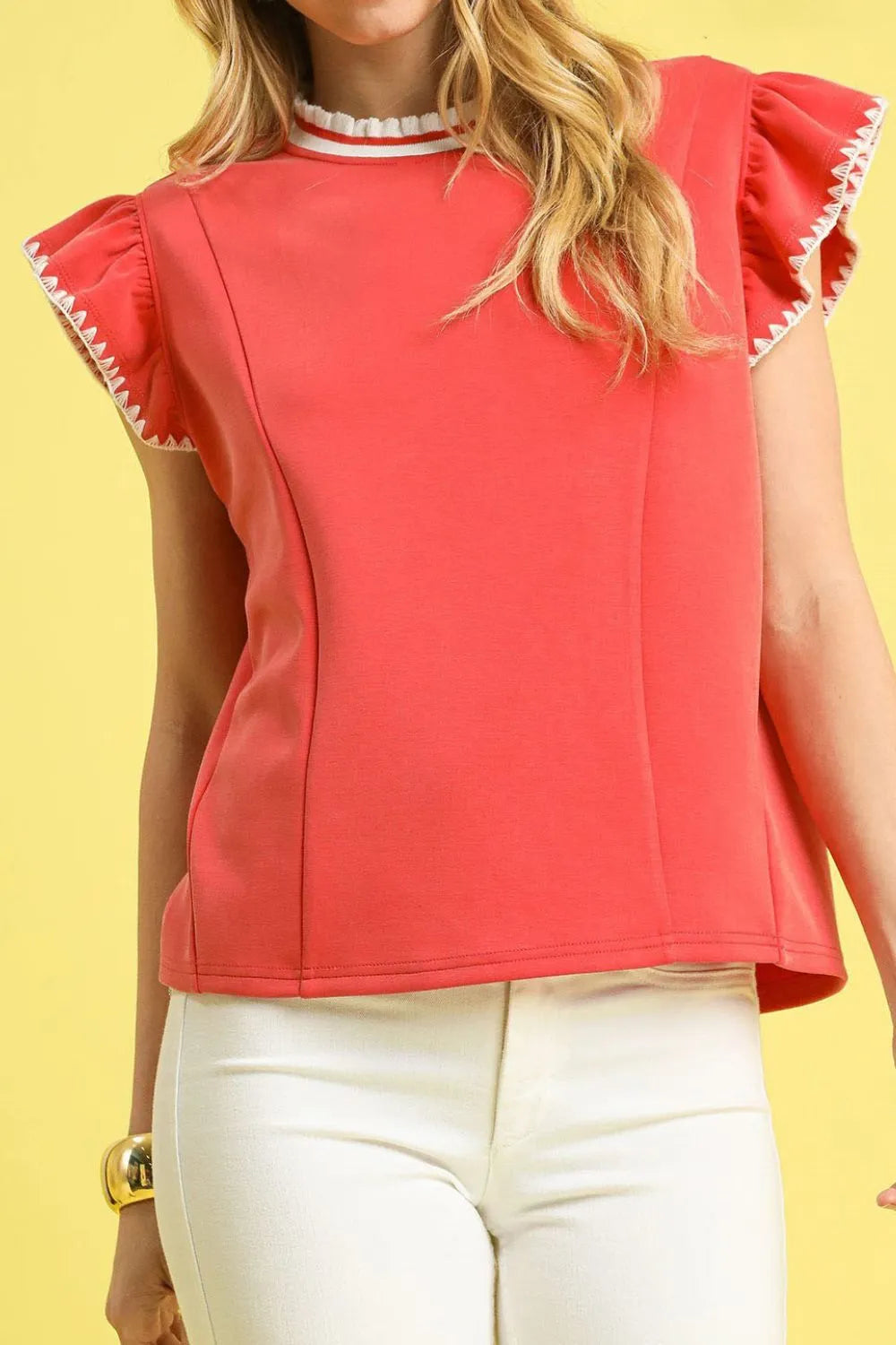 Umgee Contrast Trim Ruffle Cap Sleeve Blouse OutfitFlow