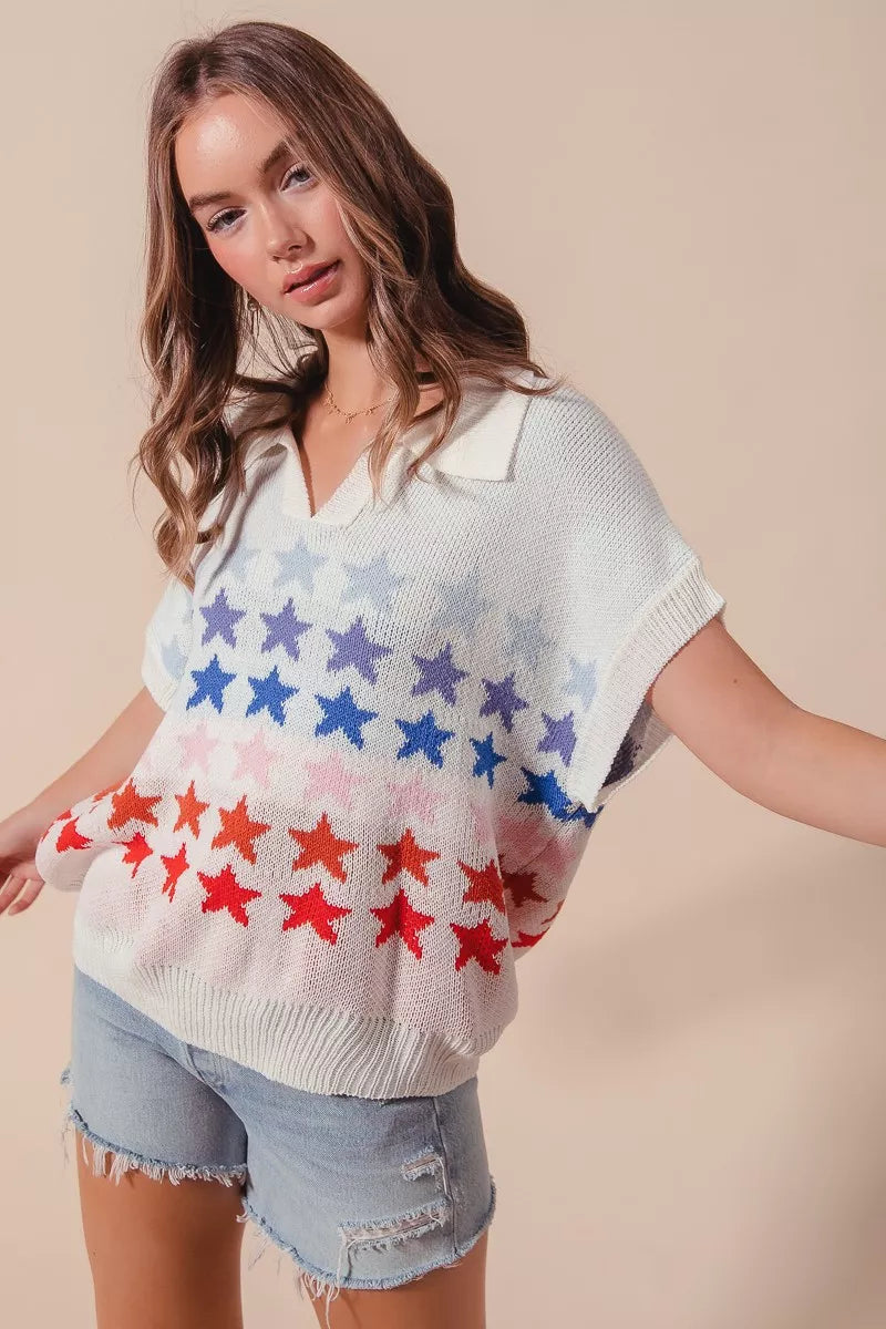 SO ME Fourth Of July Stars Loose Fit Knit Top OutfitFlow