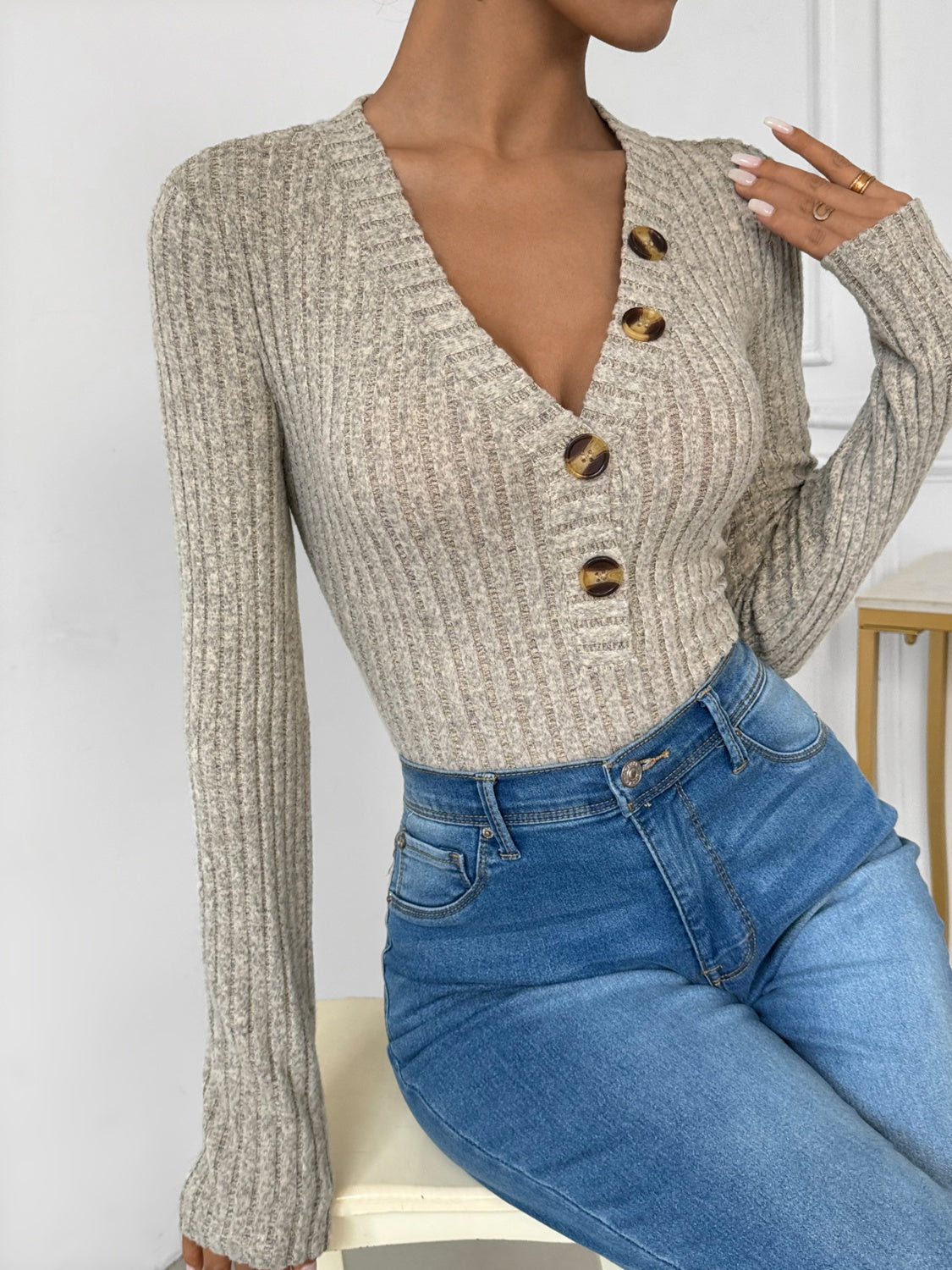 Perfee V-Neck Long Sleeve Bodysuit