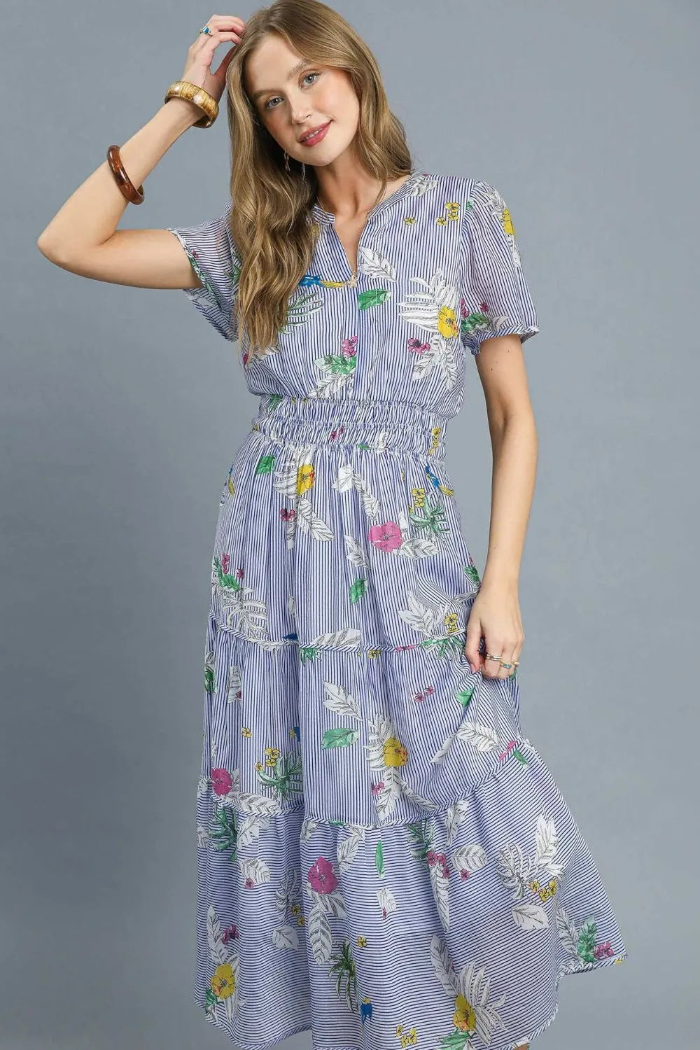 Umgee Smocked Waist Floral Short Sleeve Midi Dress OutfitFlow