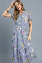 Umgee Smocked Waist Floral Short Sleeve Midi Dress OutfitFlow