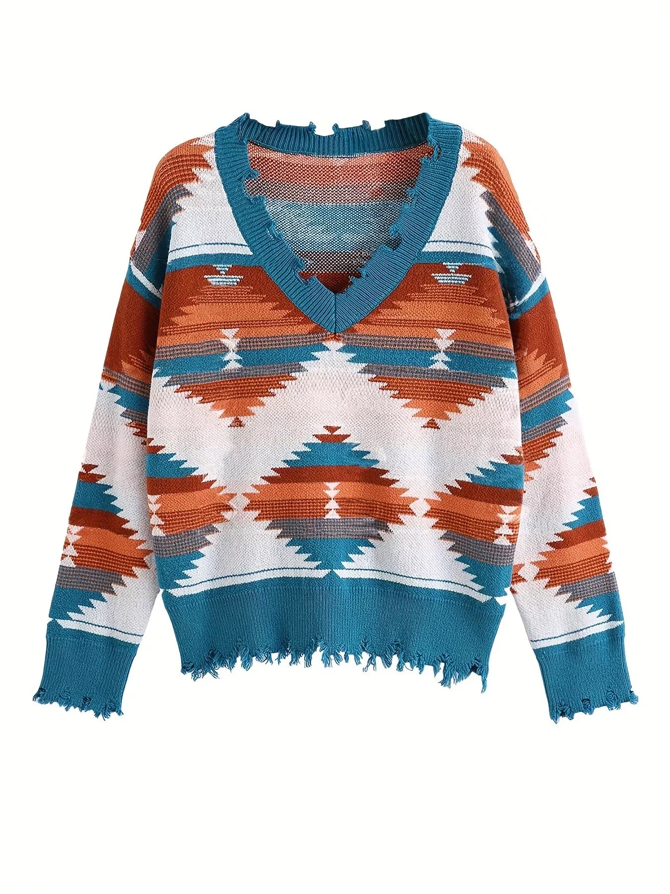 Geometric Frayed Hem V-Neck Long Sleeve Sweater OutfitFlow