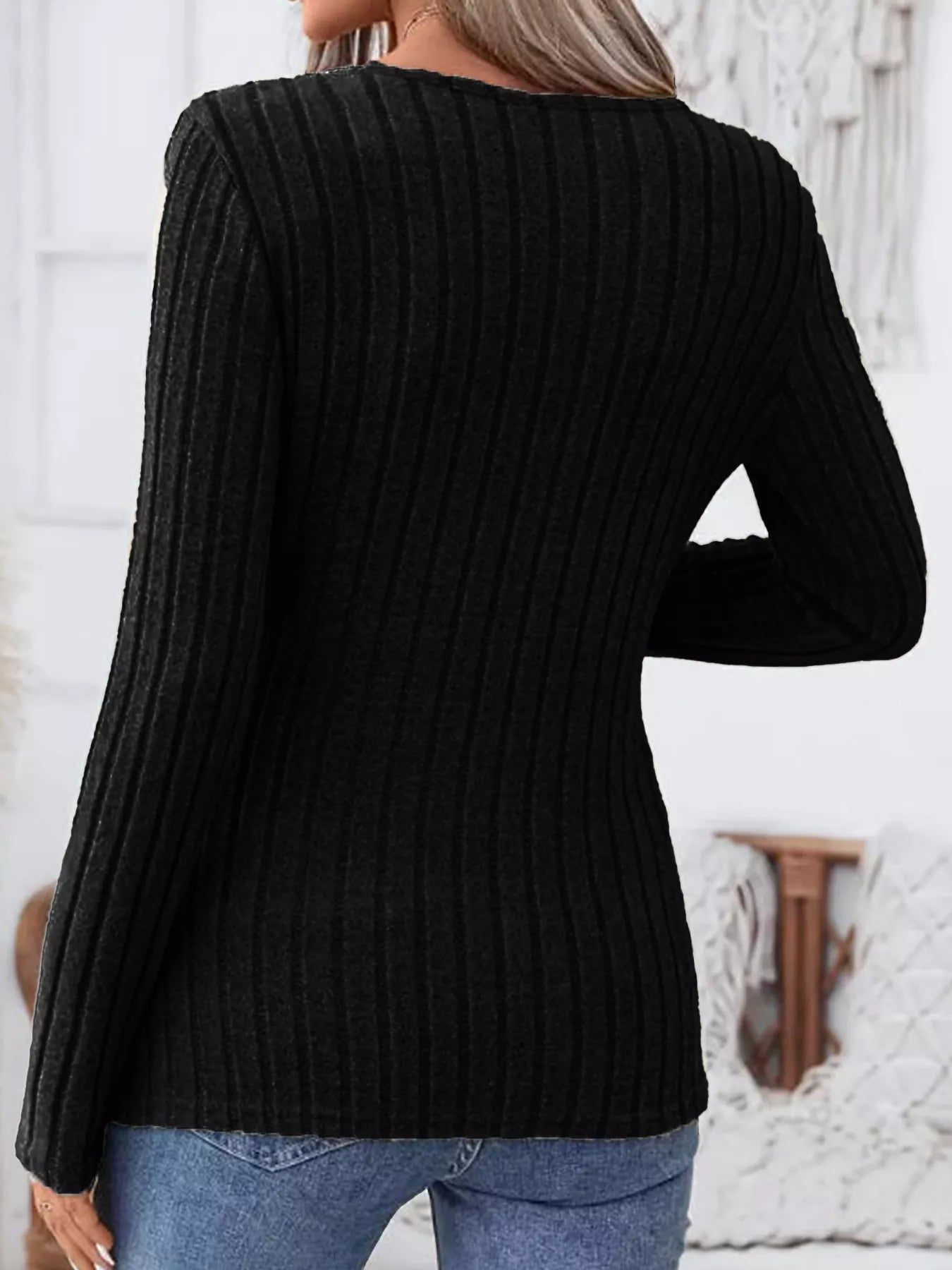 Ribbed Knit Notched Long Sleeve Top OutfitFlow
