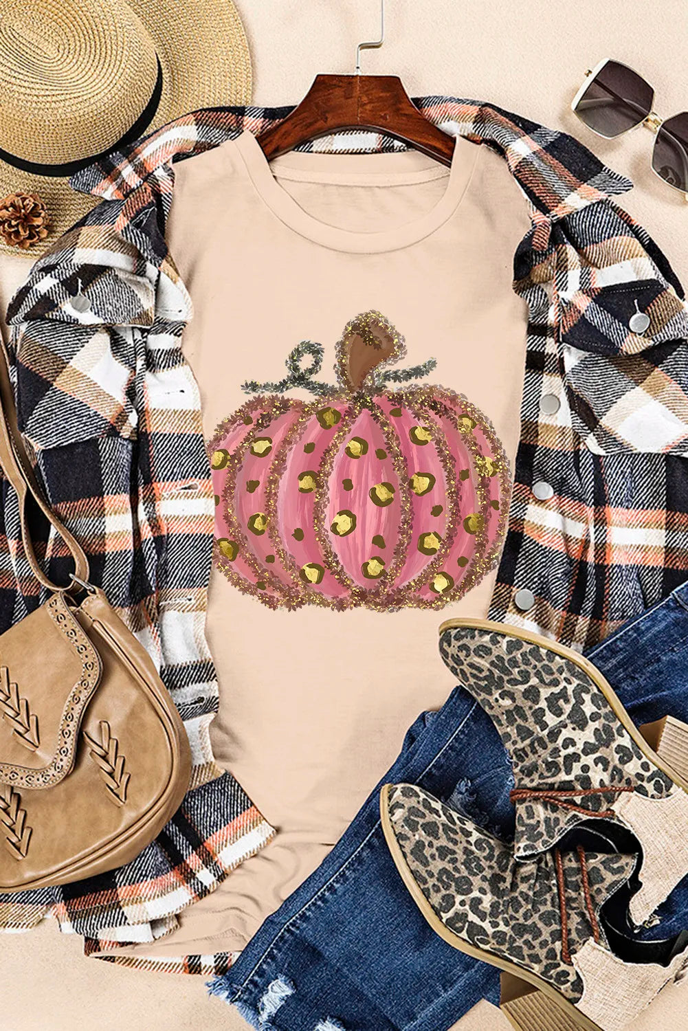 Pumpkin Round Neck Short Sleeve T-Shirt OutfitFlow