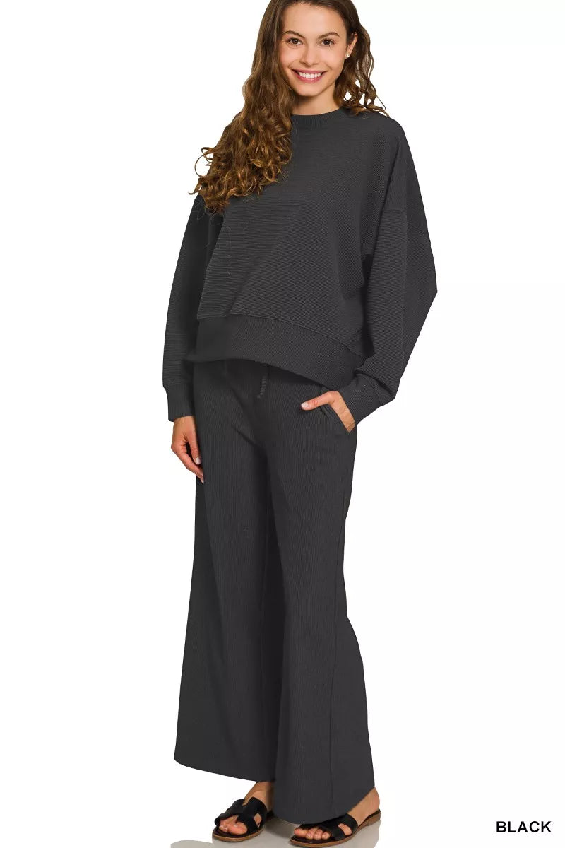 Zenana Ribbed Round Neck Pullover and Drawstring Pants Set BLACK Trendsi
