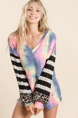 BiBi Tie Dye V Neck Top with Stripe Puff Sleeves OutfitFlow