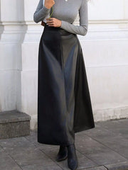 Leather A-Line Midi Skirt Black OutfitFlow
