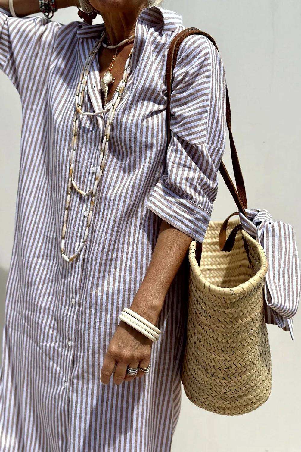 Tied Button Up Three-Quarter Sleeve Dress OutfitFlow