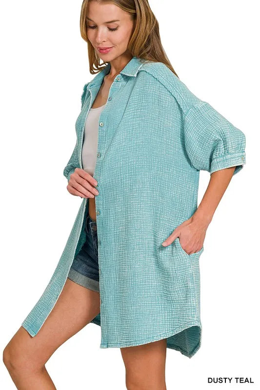 Zenana Washed Double Gauze Button Down Shirt Dress OutfitFlow