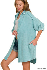 Zenana Washed Double Gauze Button Down Shirt Dress OutfitFlow
