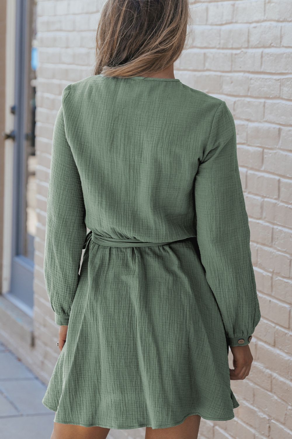 Outfit Flow - Round Neck Long Sleeve Tie Waist Dress