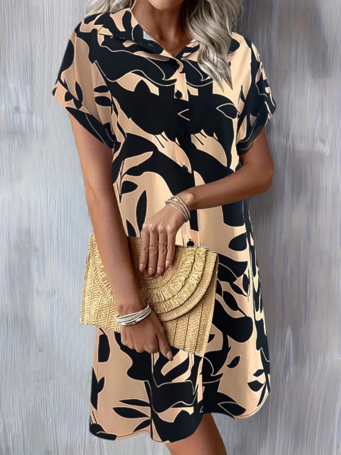Printed Button-Down Shirt Dress Khaki OutfitFlow