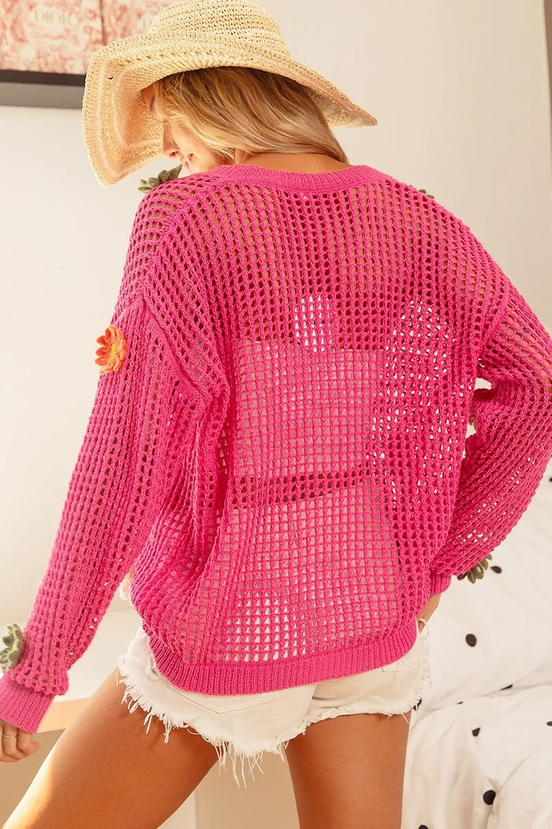 BiBi Flower Patches Open Knit Sweater Cardigan OutfitFlow